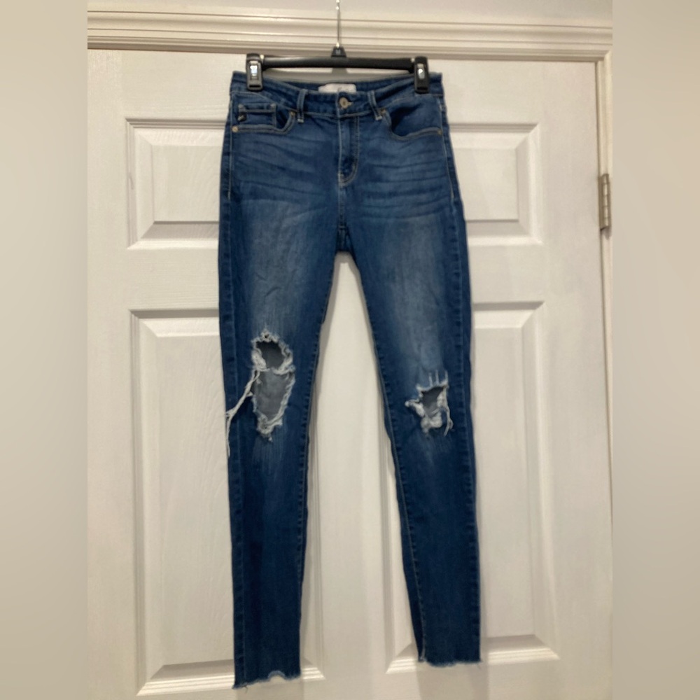KanCan Women's Blue High-Rise Dark Ripped Hem Skinny Jeans